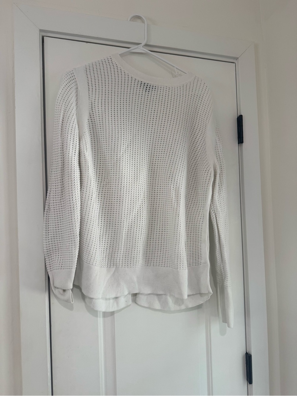 Banana Republic White Open-Knit Crewneck Sweater with Split Hem